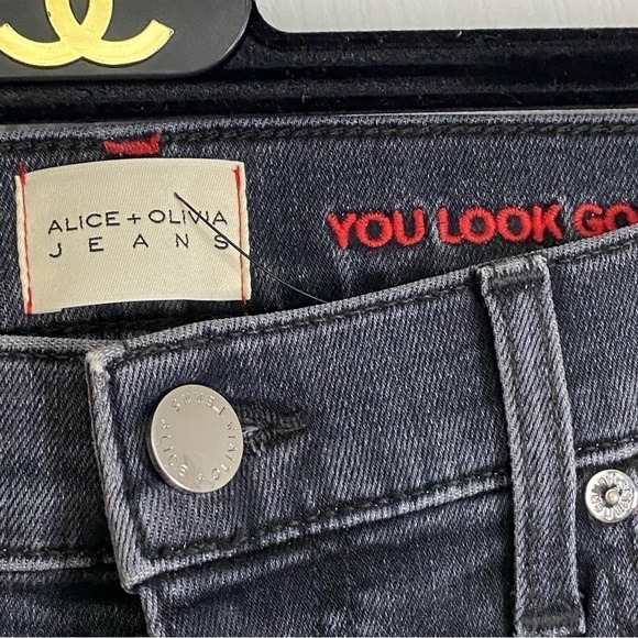 Alice + Olivia Skinny Leg Black Jeans Multicolor Crystals Print Mid-Rise size 28 - Picture 6 of 16